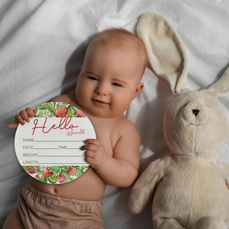 CLHHM Hello World Strawberry Theme Baby Name Sign Birth Announcement Plaque with Name Date Weight 6" Round Birch Wood Nursery Decor Newborn Hospital Keepsake Gift for Parents - Image 5